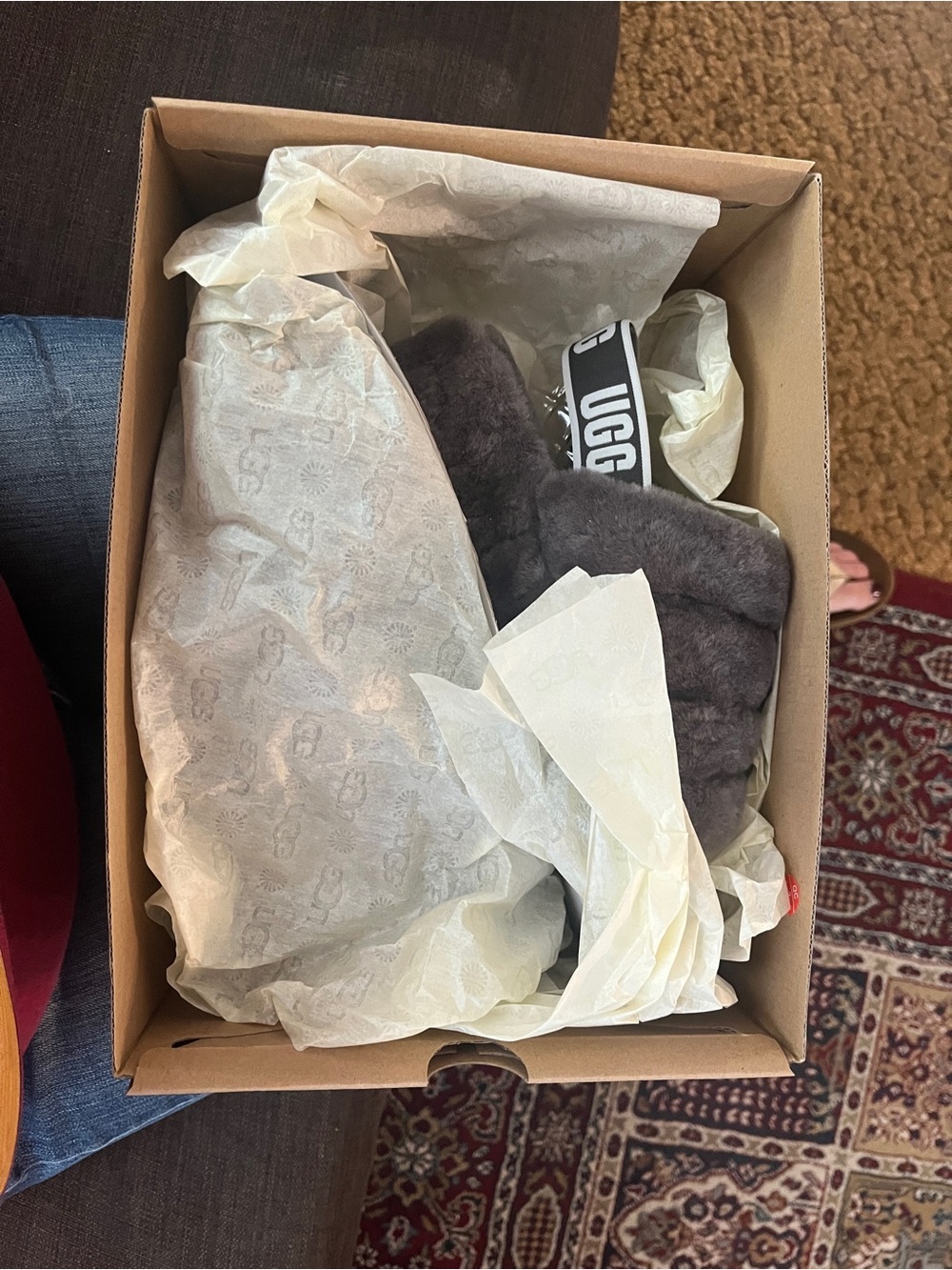 UGG Plush Shearling Slide in Charcoal Gray with Branded Strap - Picture 3 of 4